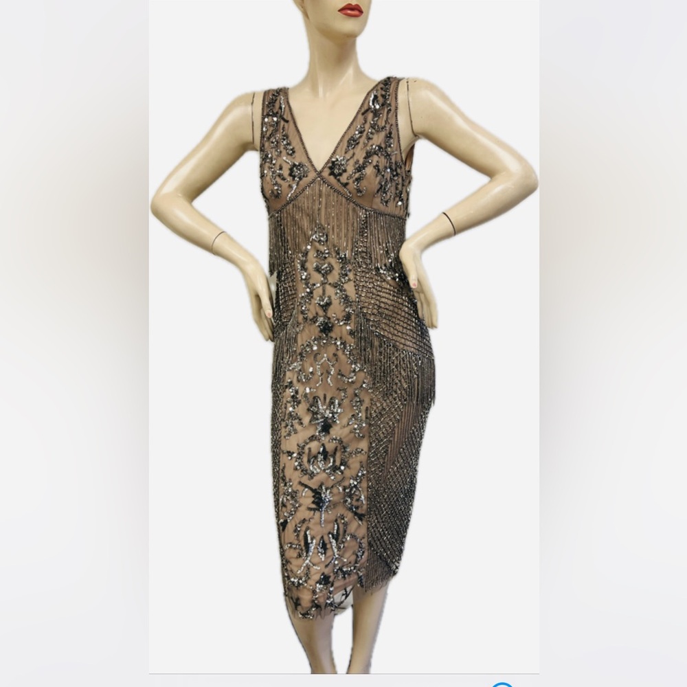 Aidan Mattox beaded fringes sleeveless midi dress